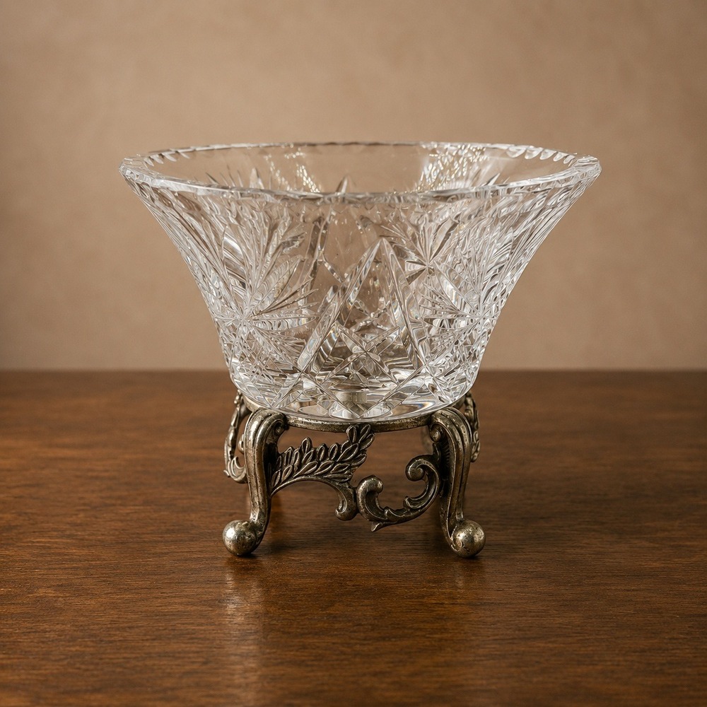 Vintage Cut Crystal Compote‎ Bowl Ornate Silver Tone Pedestal Stand Starburst